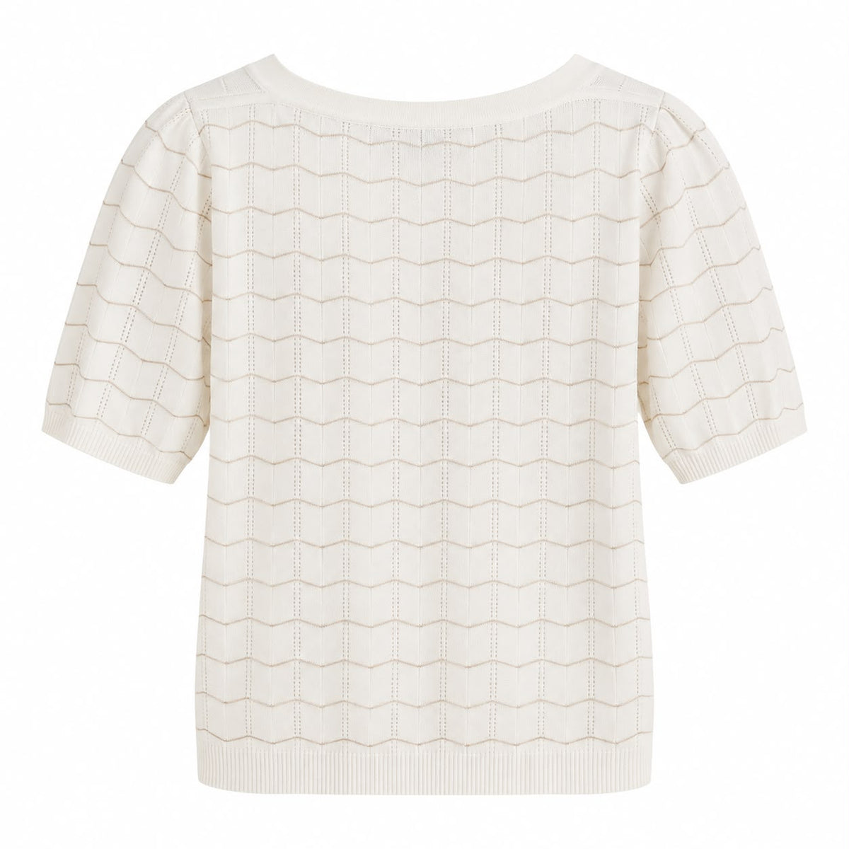 Smashed Lemon pointelle lurex knit top in white and gold, flat back view