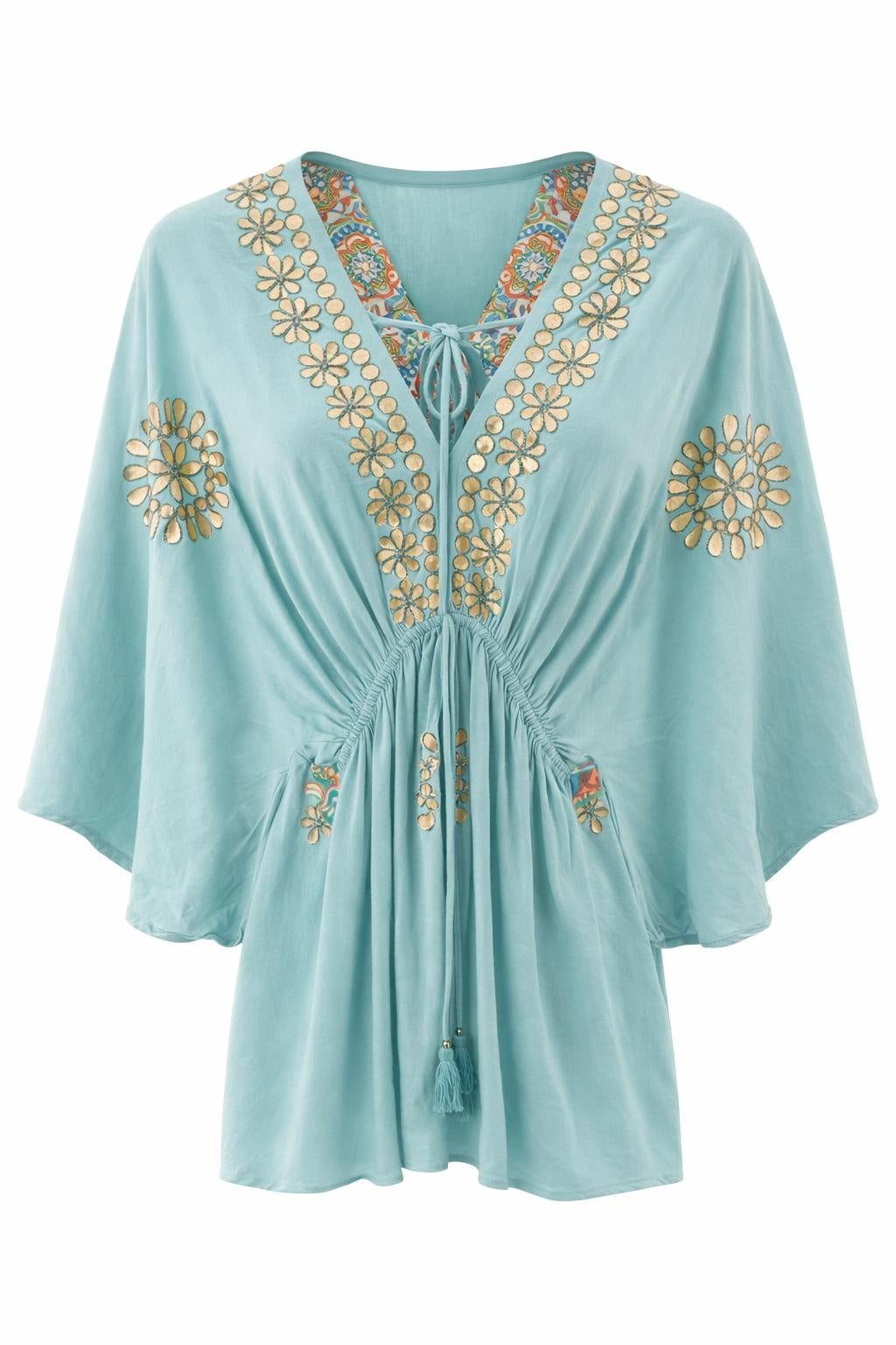 Isla Bonita aqua embroidered kaftan dress with tassel tie neckline and wide sleeves
front