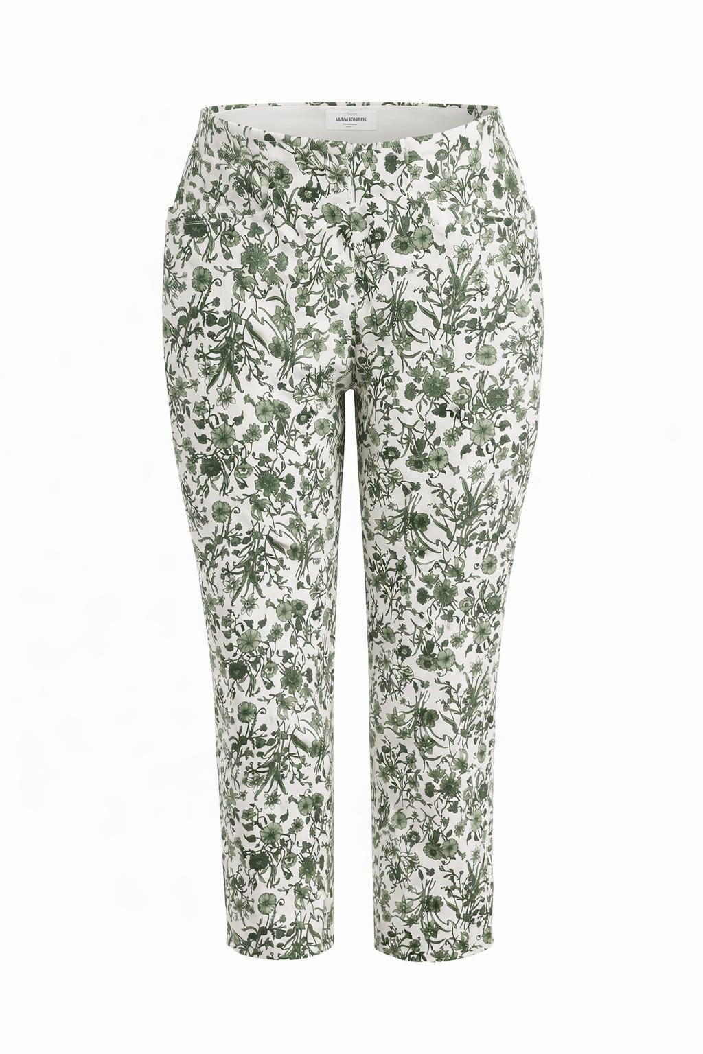 Gordon Smith Alexandra basil green and white botanical printed slim leg pant front
