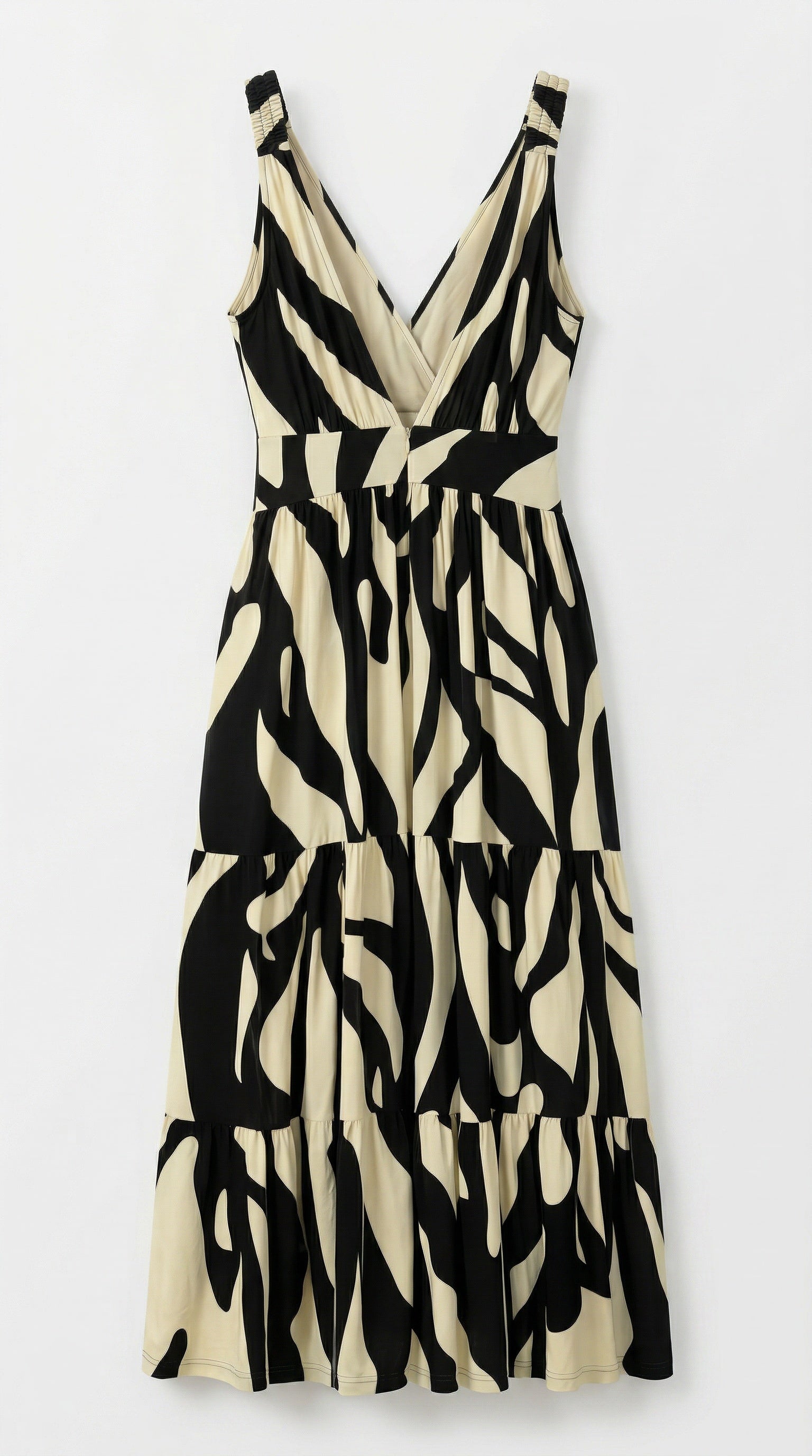 Isla Bonita black and white abstract printed maxi dress with V-neck and tiered skirt back