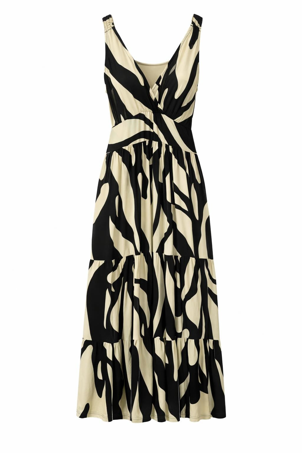 Isla Bonita black and white abstract printed maxi dress with V-neck and tiered skirt front