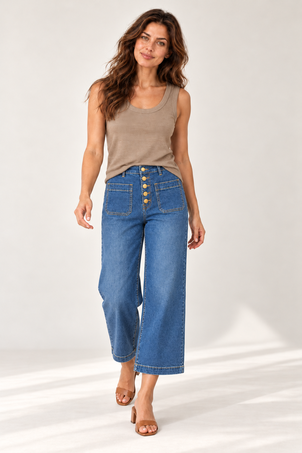 Model in the YAYA Tan Brown rib singlet and gold button wide leg jeans #Colour_Tan Brown