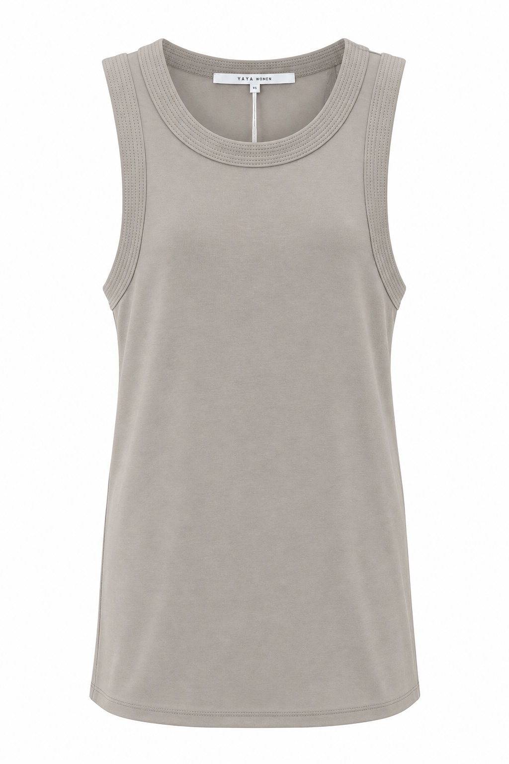YAYA stitched binding singlet in Crockery Brown, a close fitting sleeveless tank with wide topstitched binding at the neckline and armholes