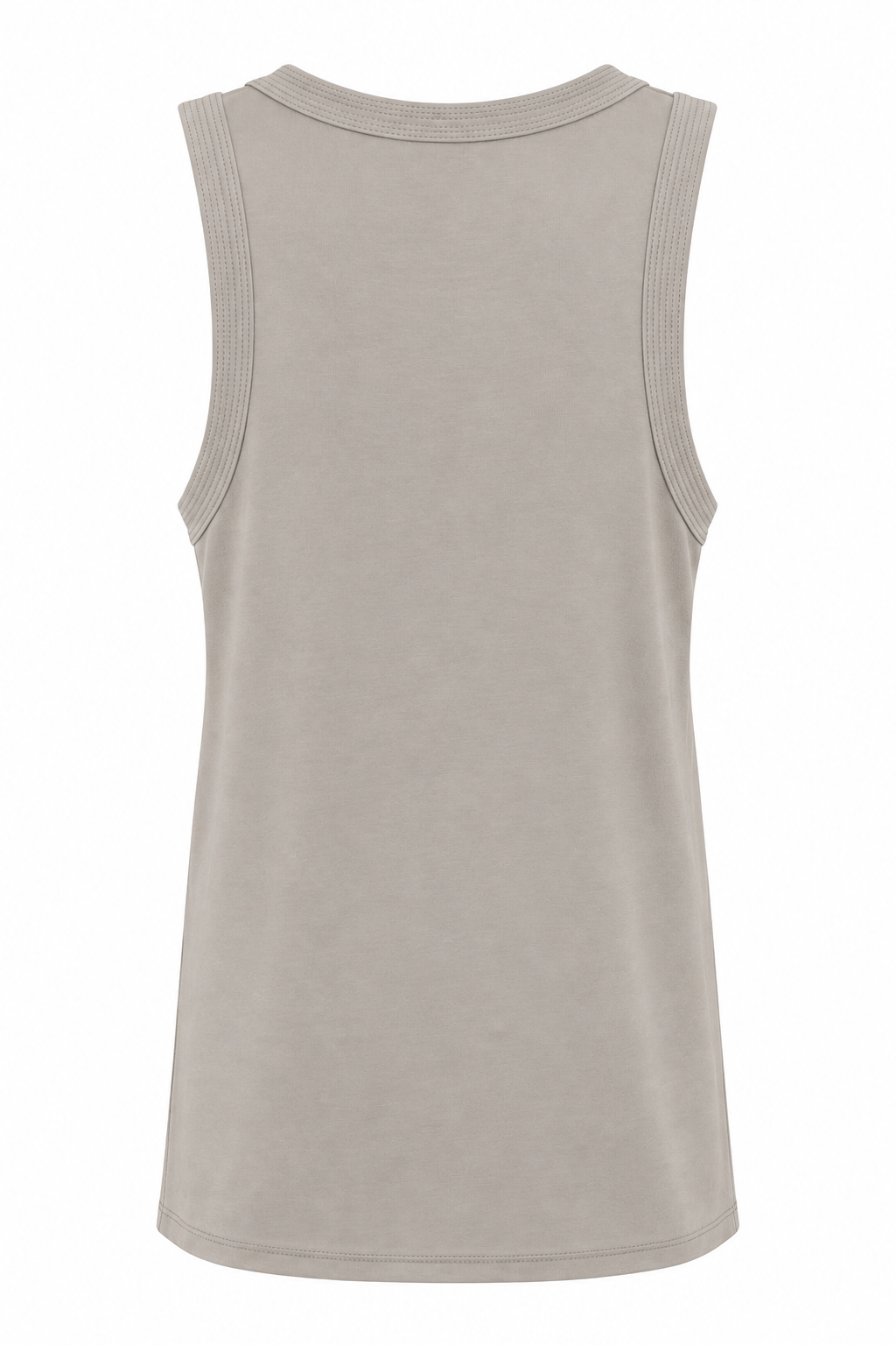 YAYA stitched binding singlet in Crockery Brown, showing the high round neck and cut-in shoulder of the topstitched binding