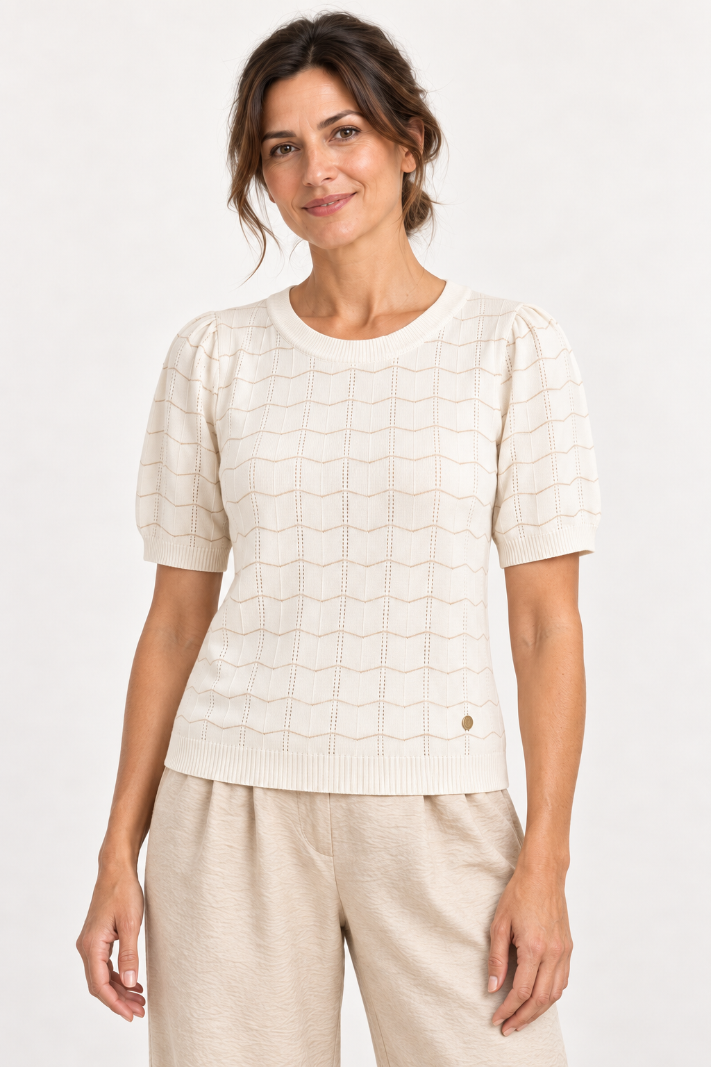 Smashed Lemon | Pointelle Lurex Knit Top in White & Gold