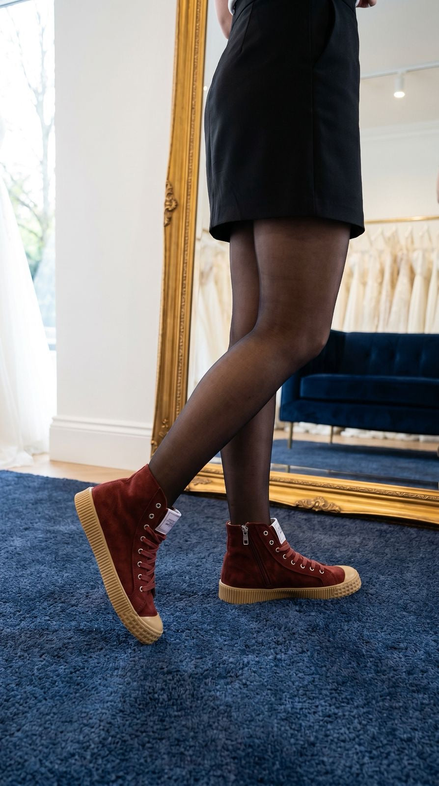 Corina bordeaux suede high-top sneaker with lace-up front and rubber sole