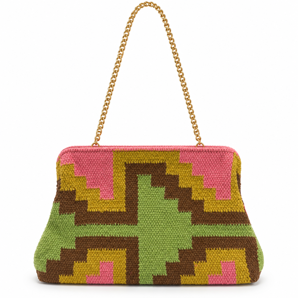 Piti Cuiti woven chain clutch with a stepped cross in olive green and chocolate over pink