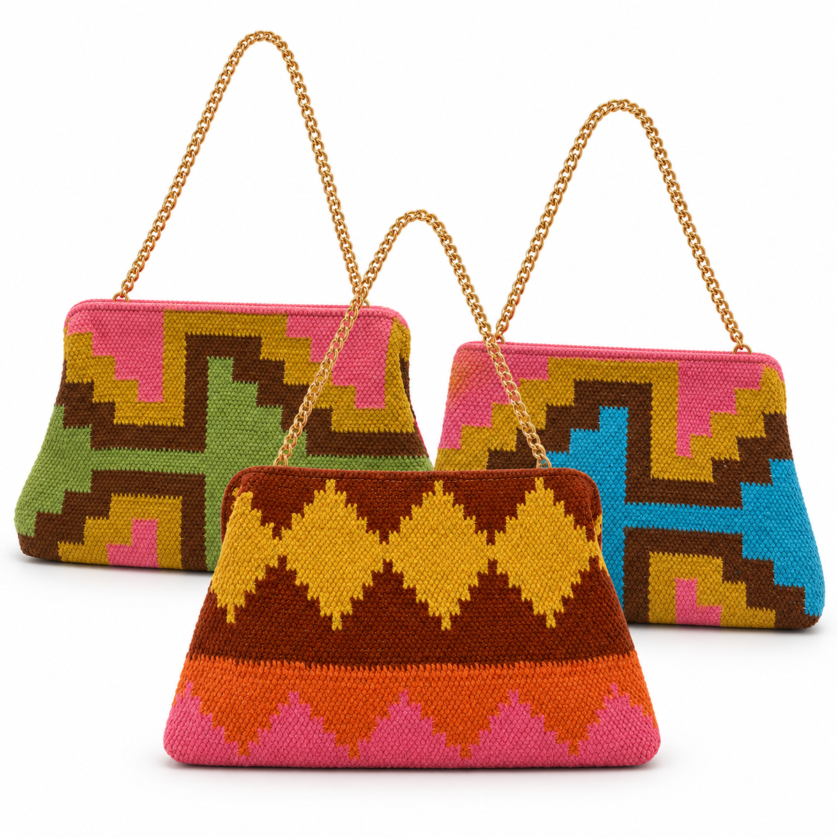 Three Piti Cuiti woven geometric chain clutches in pink and olive, pink and turquoise, and pink and orange