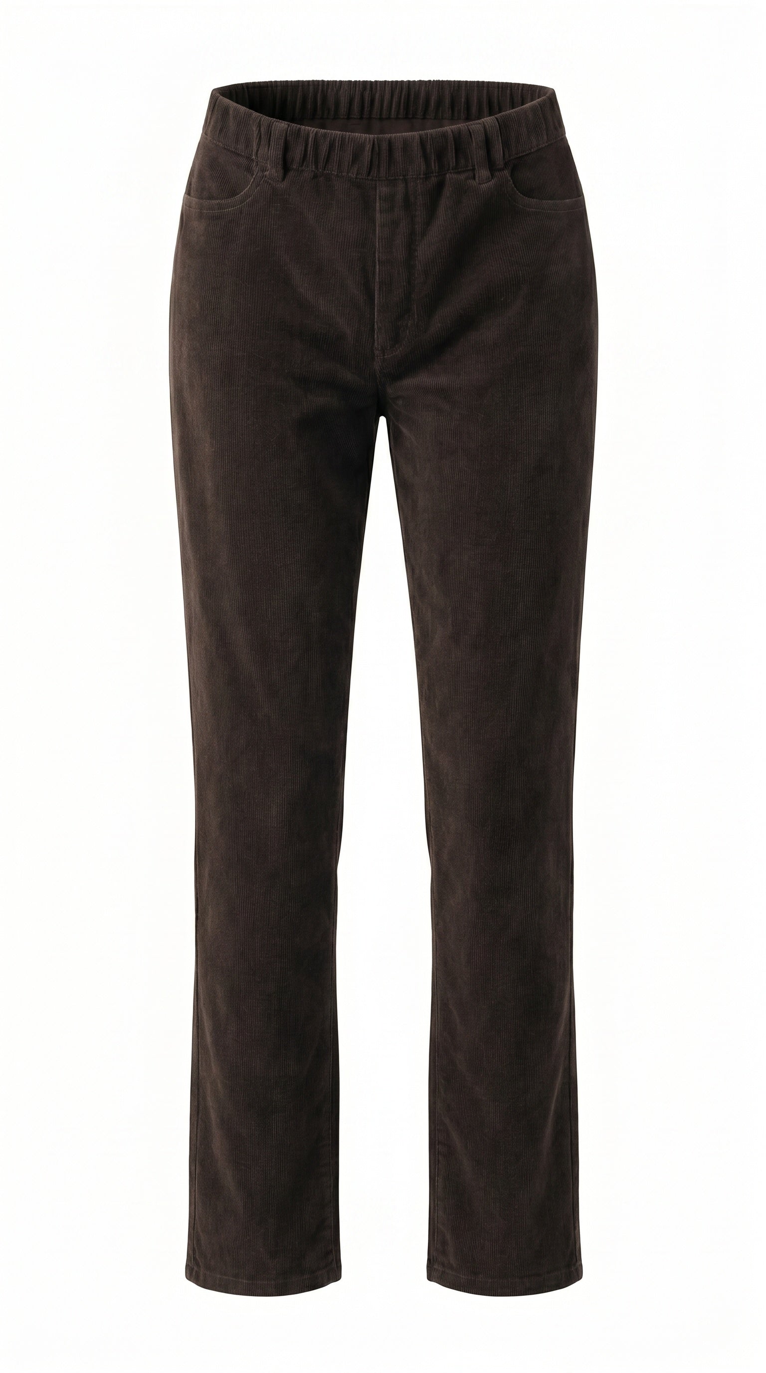 A pair of Gordon Smith corduroy pants in a rich coffee brown colour, featuring a soft textured fabric, elastic waistband, and a straight leg silhouette.