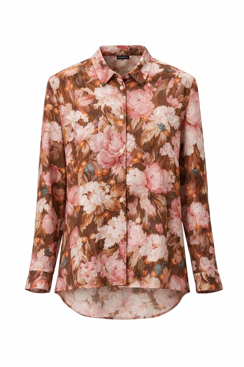 A Gordon Smith shirt featuring a soft blush multi floral print, designed with a classic collar, button-through front, and long sleeves in a lightweight, flowing fabric.