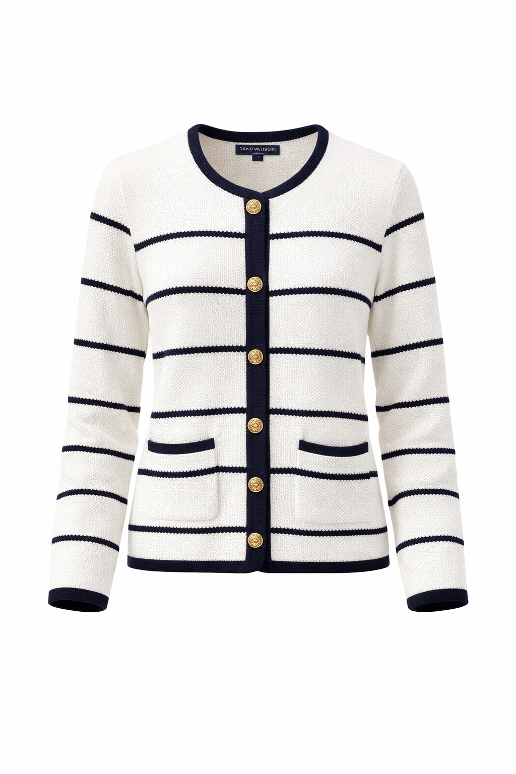 Ivory and navy striped knit cardigan with gold buttons and front pockets by Gordon Smith