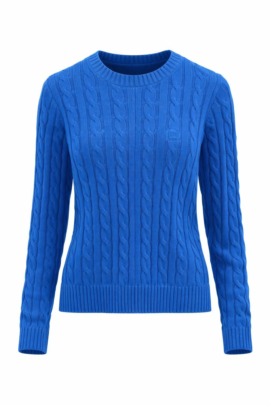 Cobalt blue cable knit jersey with long sleeves and crew neckline by Gordon Smith