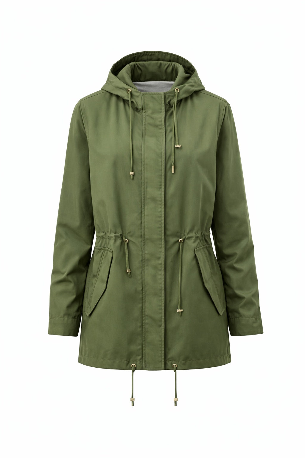 Khaki lightweight hooded jacket with drawstring waist and front pockets by Gordon Smith