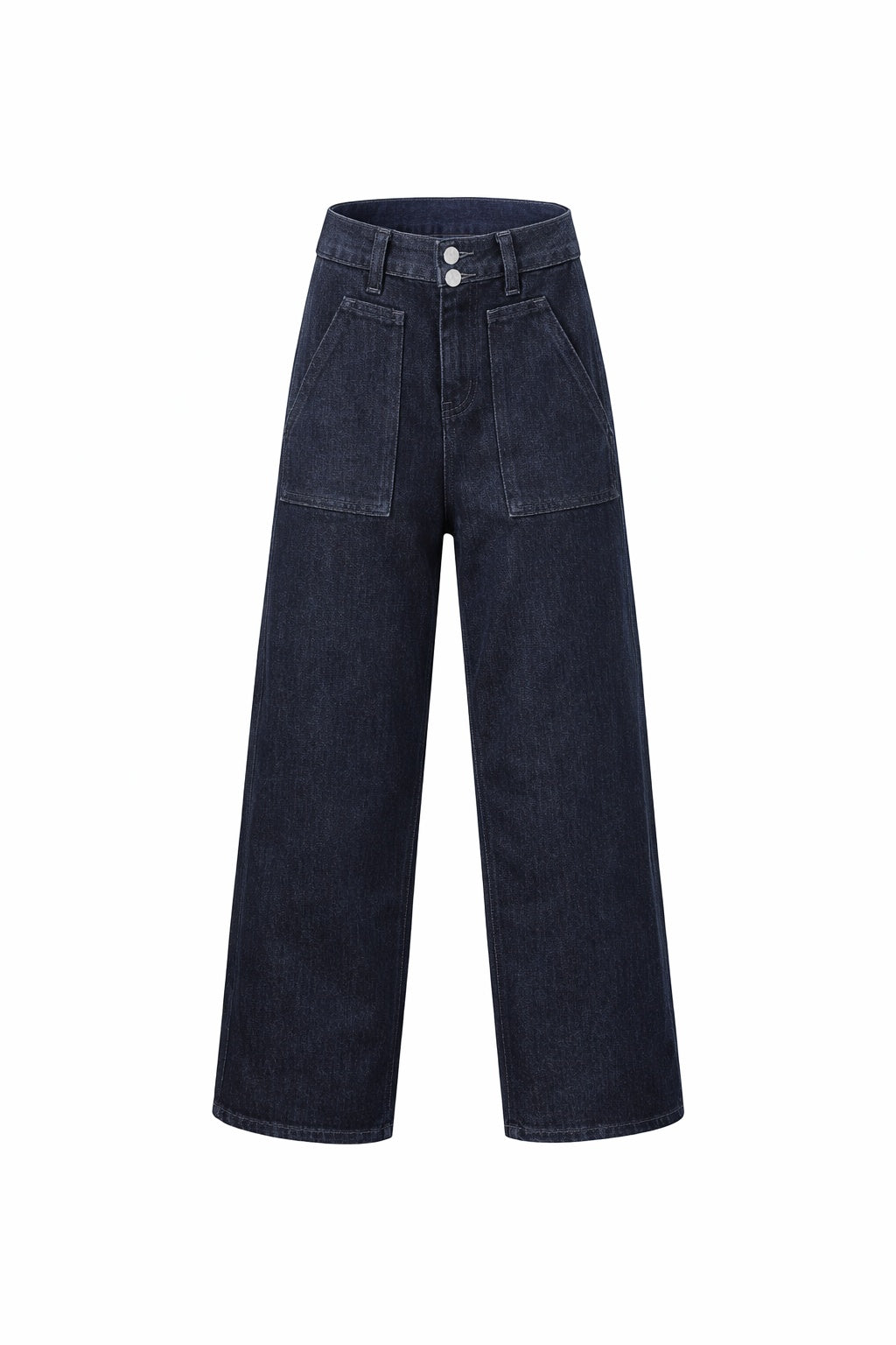 Dark denim wide leg jeans with high waist, patch pockets and contrast stitching by Gordon Smith