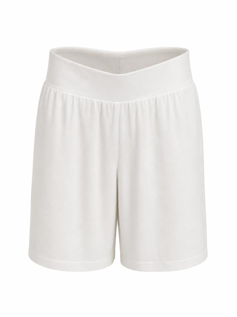 Gordon Smith white linen shorts with jersey waistband and patch pockets.