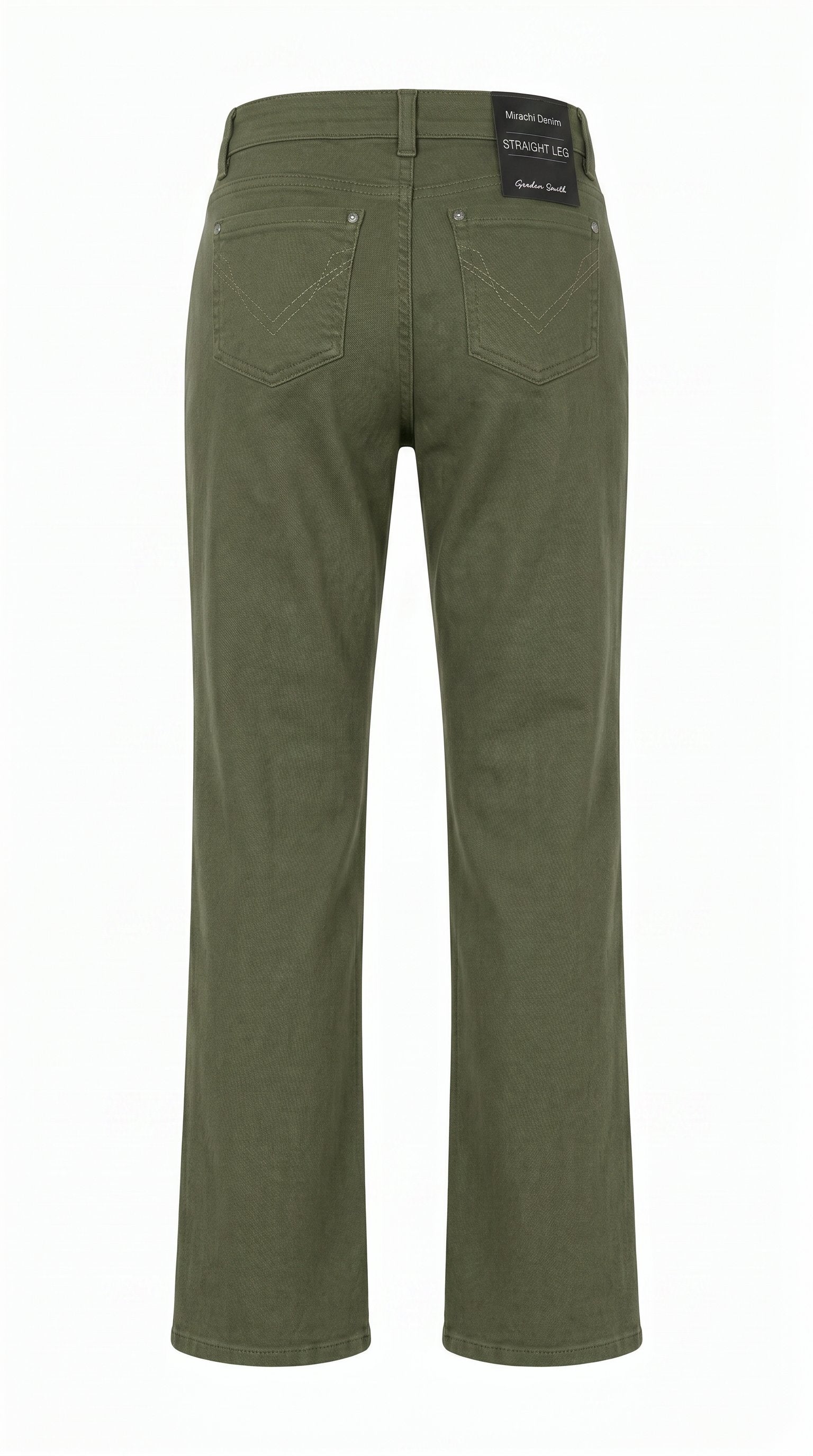 Khaki slim leg stretch denim jeans with classic five-pocket styling by Gordon Smith