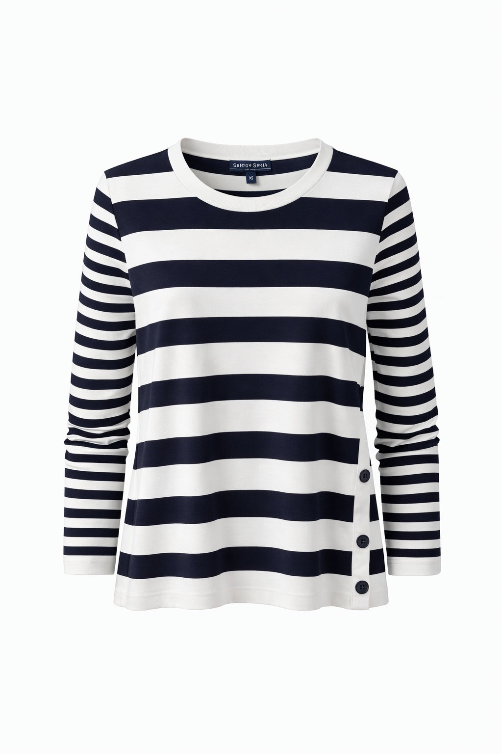 Navy and ivory striped long sleeve top with side button detail by Gordon Smith