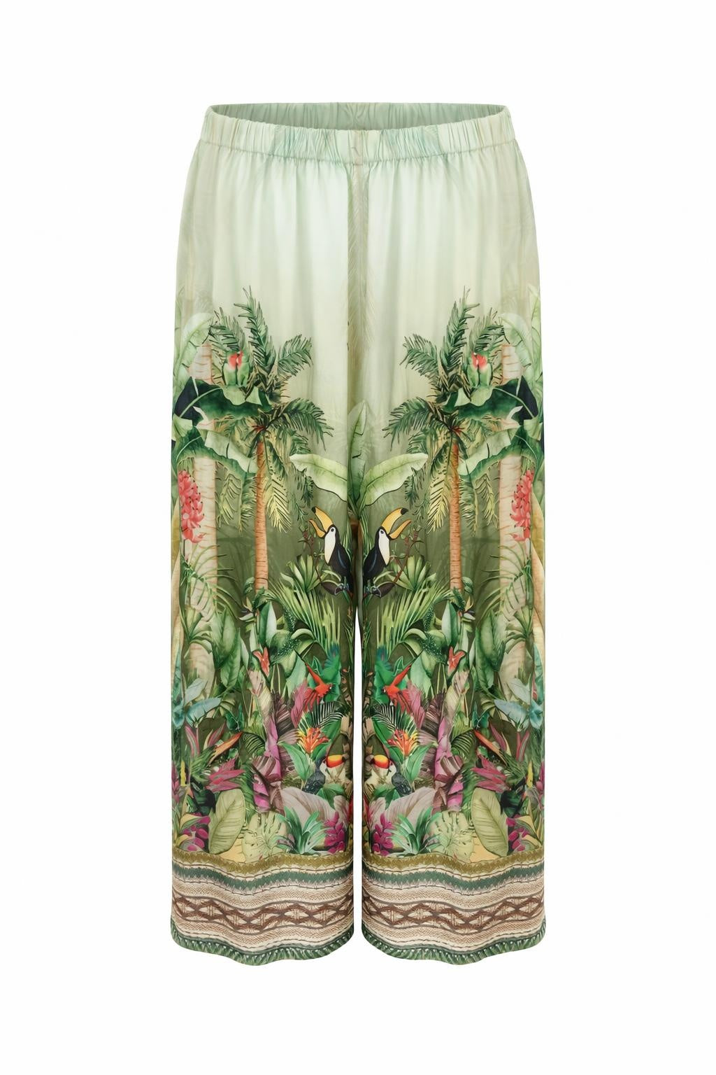 Gordon Smith green tropical toucan printed wide leg pant with elasticated waistband front