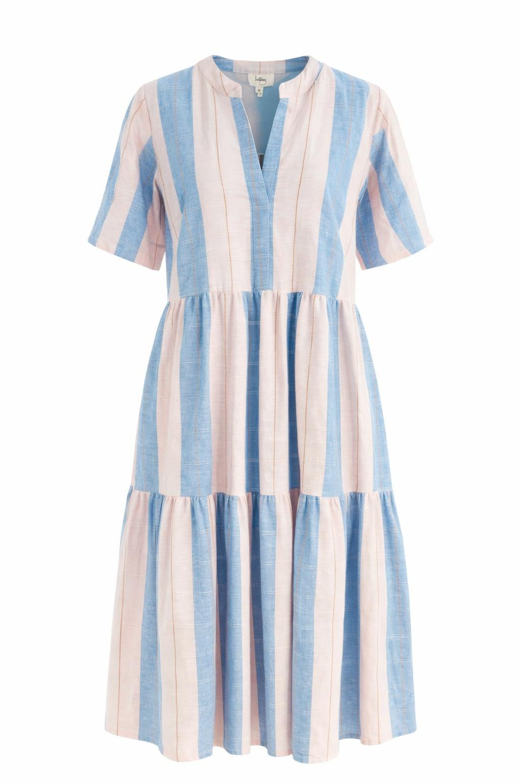Holiday Lynwood blue and pink multi stripe tiered dress with short sleeves and notch neckline