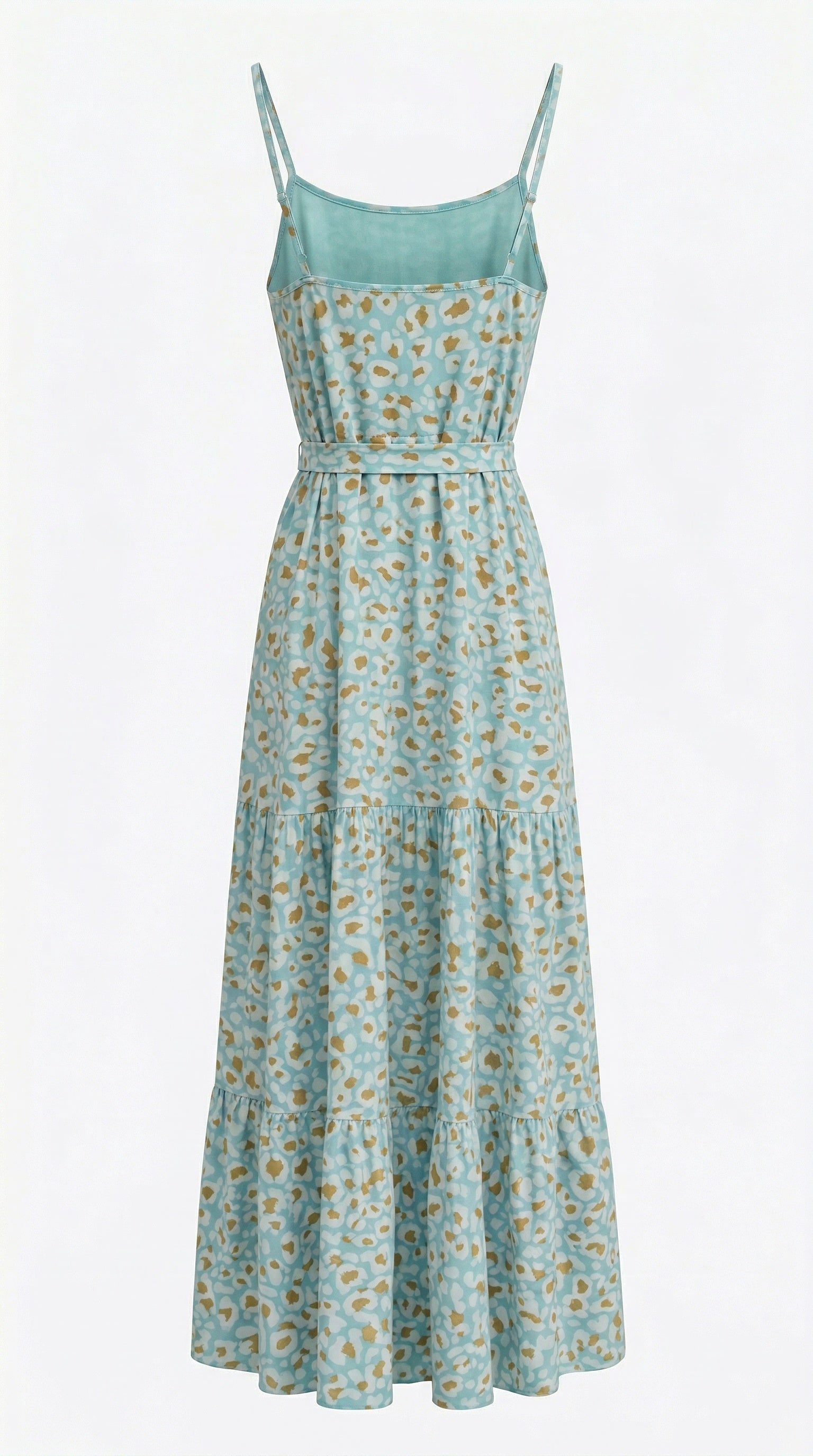 Isla Bonita aqua printed maxi dress with spaghetti straps, tie waist and tiered skirt
