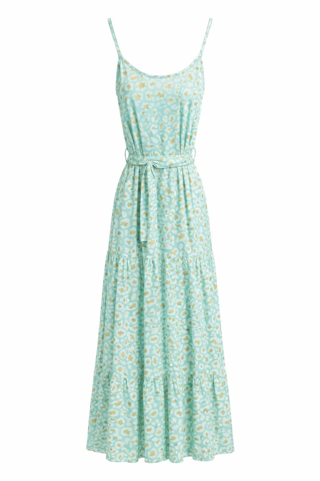 Isla Bonita aqua printed maxi dress with spaghetti straps, tie waist and tiered skirt