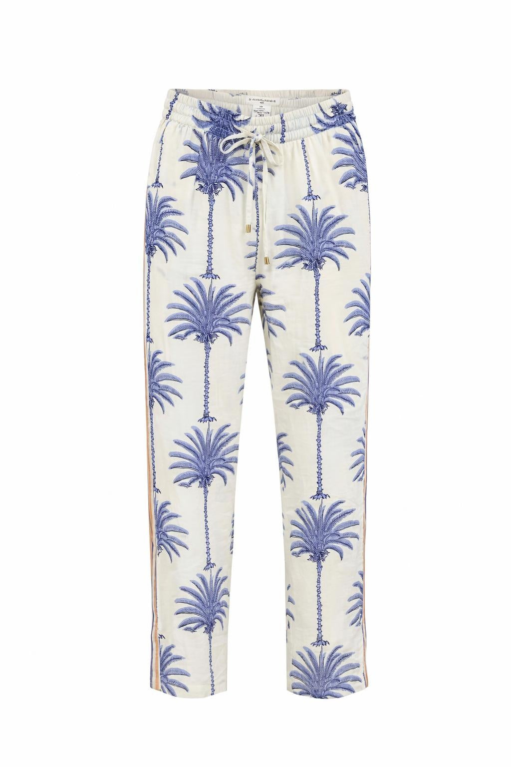 Shop Isla Bonita palm print pants in grey and white at Boetiek, Cape Town. Lightweight, relaxed-fit pants with a tropical feel and easy comfort.
