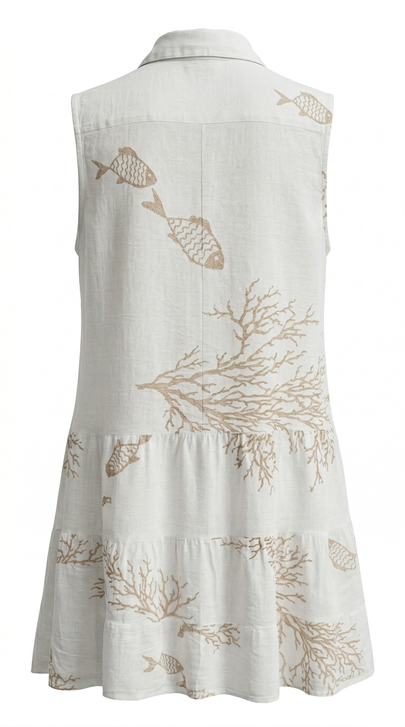Isla Bonita white and beige printed sleeveless tiered shirt dress with button front and collar