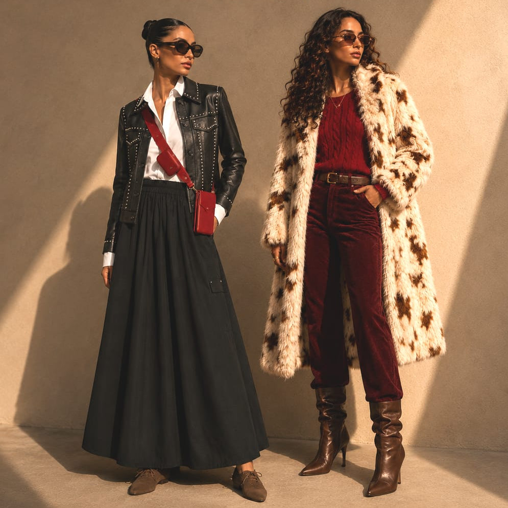 Two women in stylish outfits with text 'Off Duty, Elevated' and 'Boetiek' on a beige background.