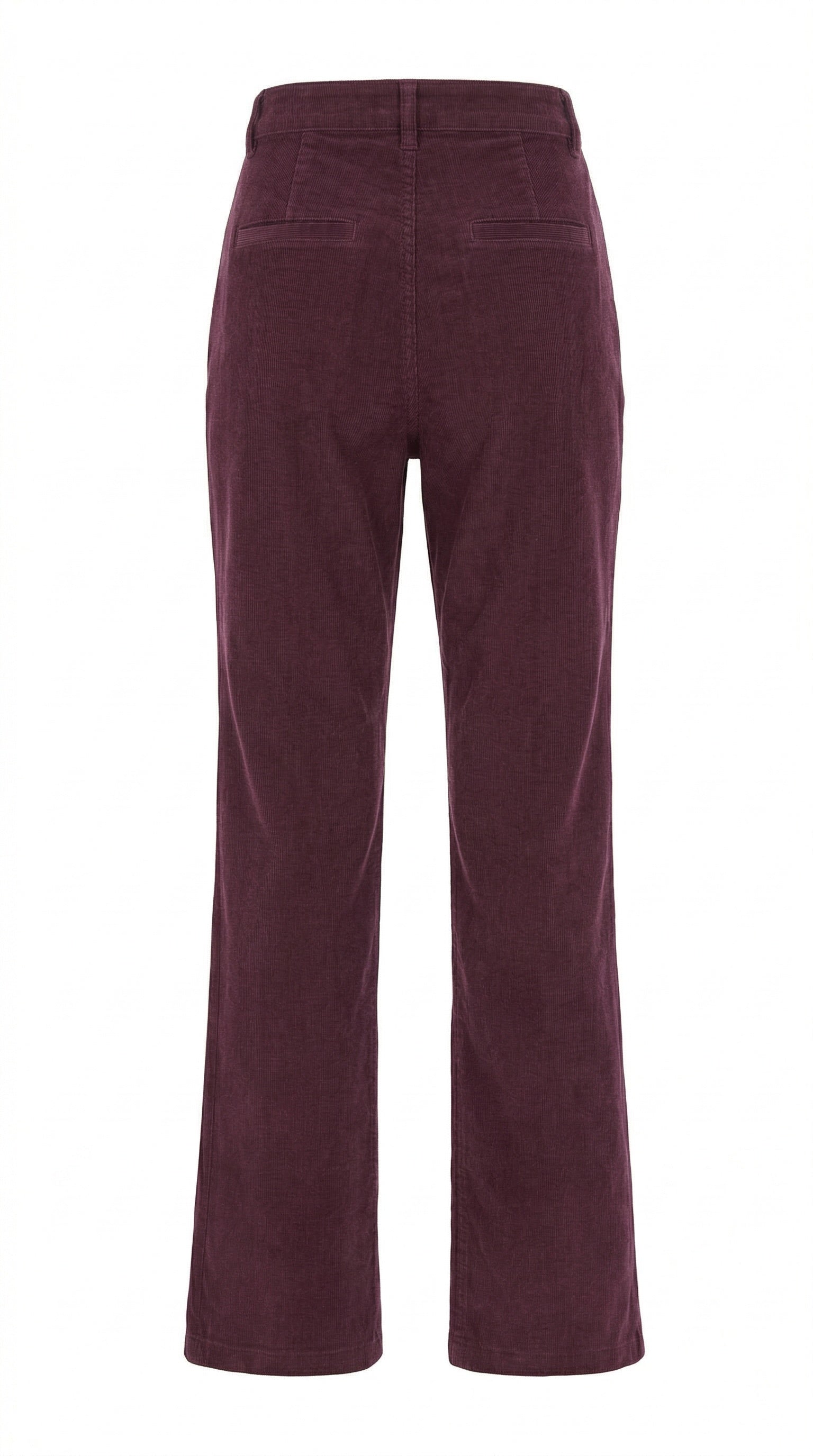 A pair of La Petite Etoile corduroy pants in a deep burgundy shade, featuring a high-rise fit, front patch pockets, and a soft velour textured finish.