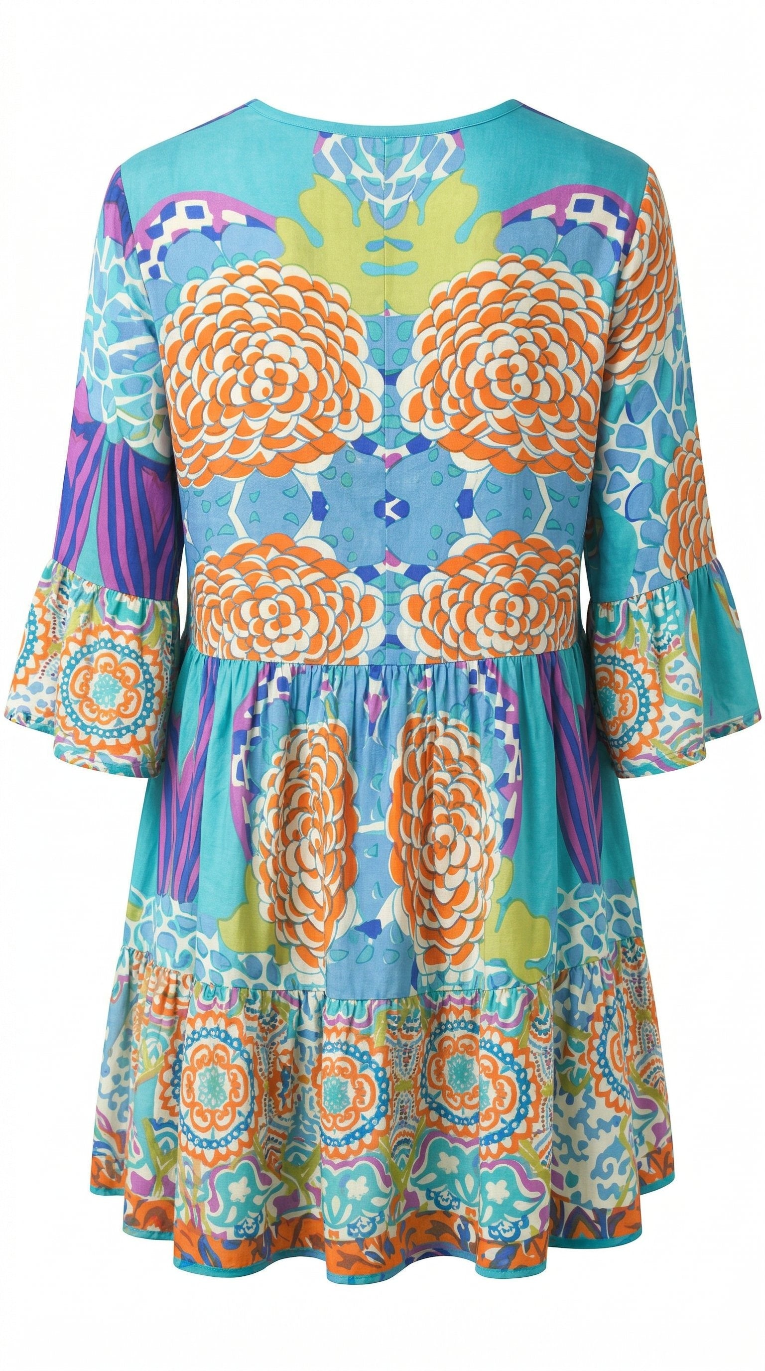 Isla Bonita multi colour printed short dress with V-neck and tiered skirt back