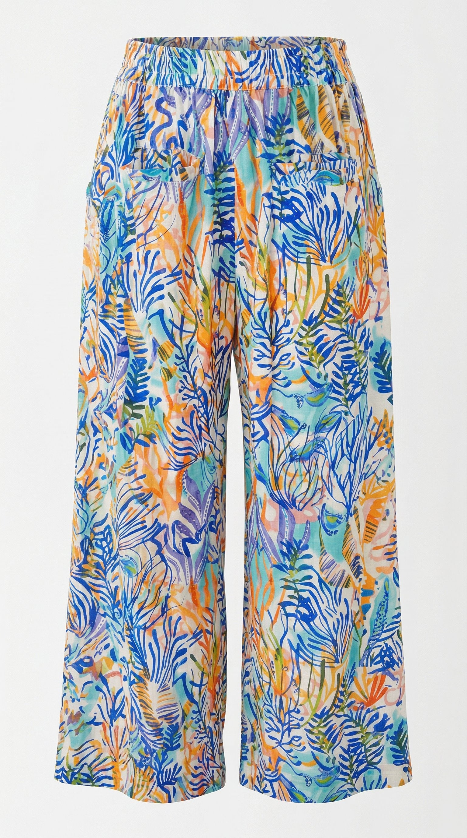 Isla Bonita multi colour botanical printed wide leg pant with elasticated drawstring waist