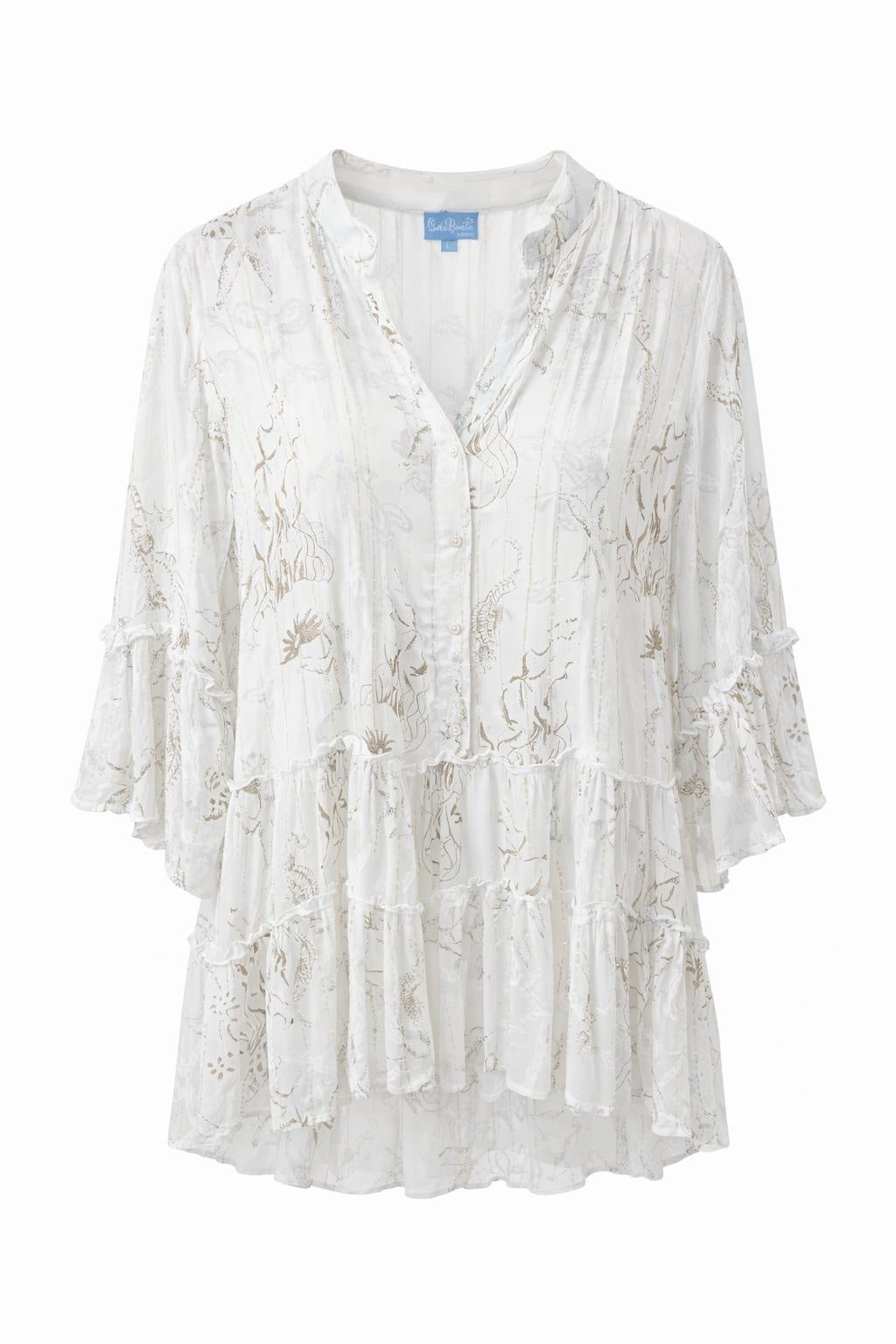 Isla Bonita off white tiered short dress with V-neck and ruffle sleeves front