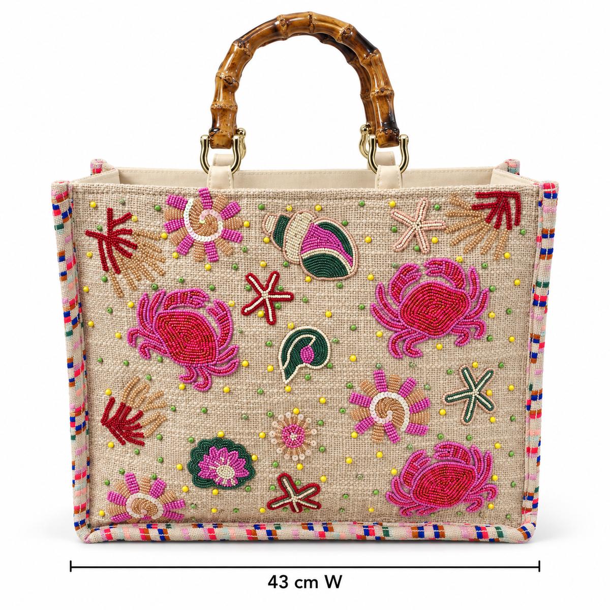 Piti Cuiti beaded shopper, natural woven tote with pink crabs, starfish and shells and bamboo handles, 43 cm wide