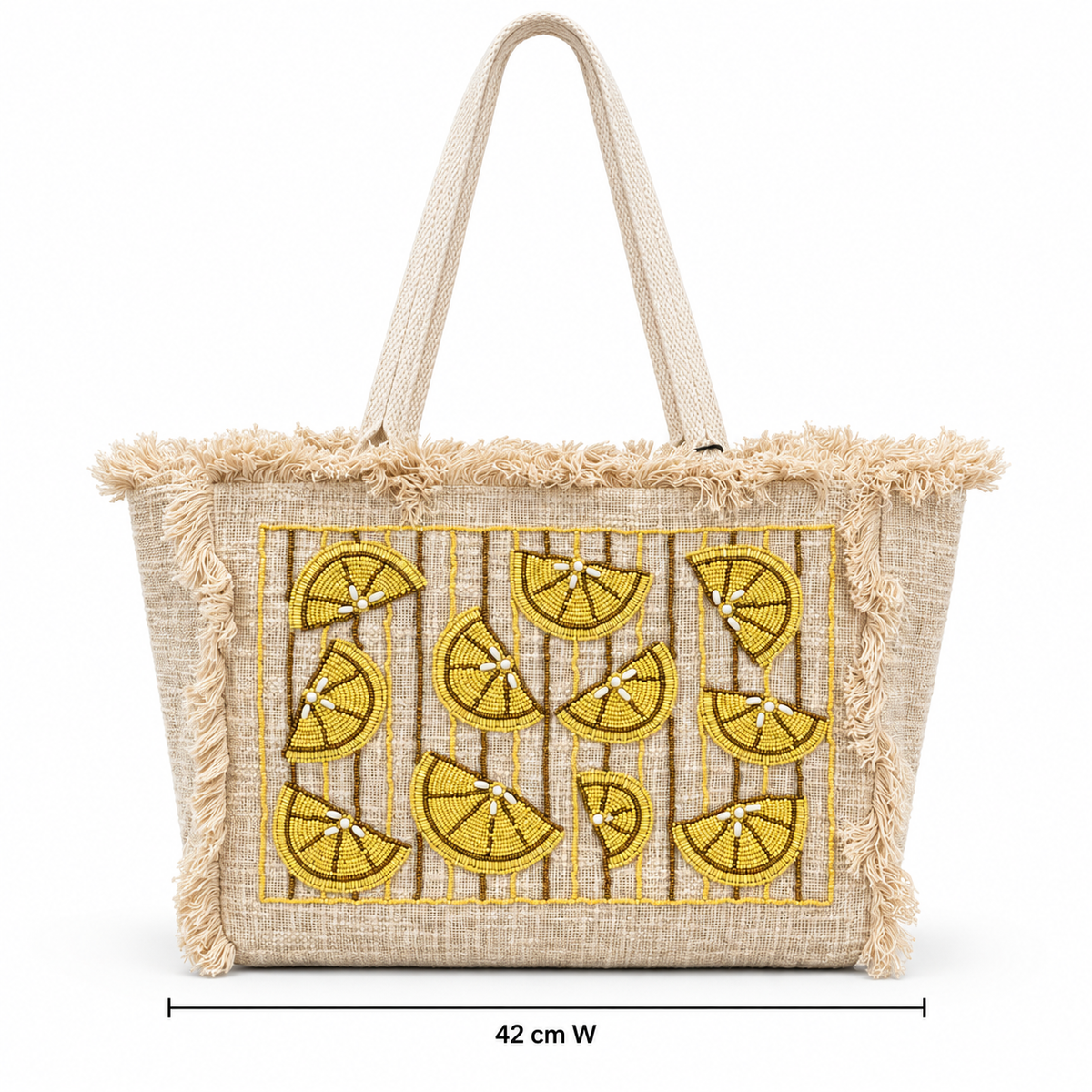 Piti Cuiti jute beach tote with hand beaded yellow lemons, cotton fringe and woven handles, 42 cm wide