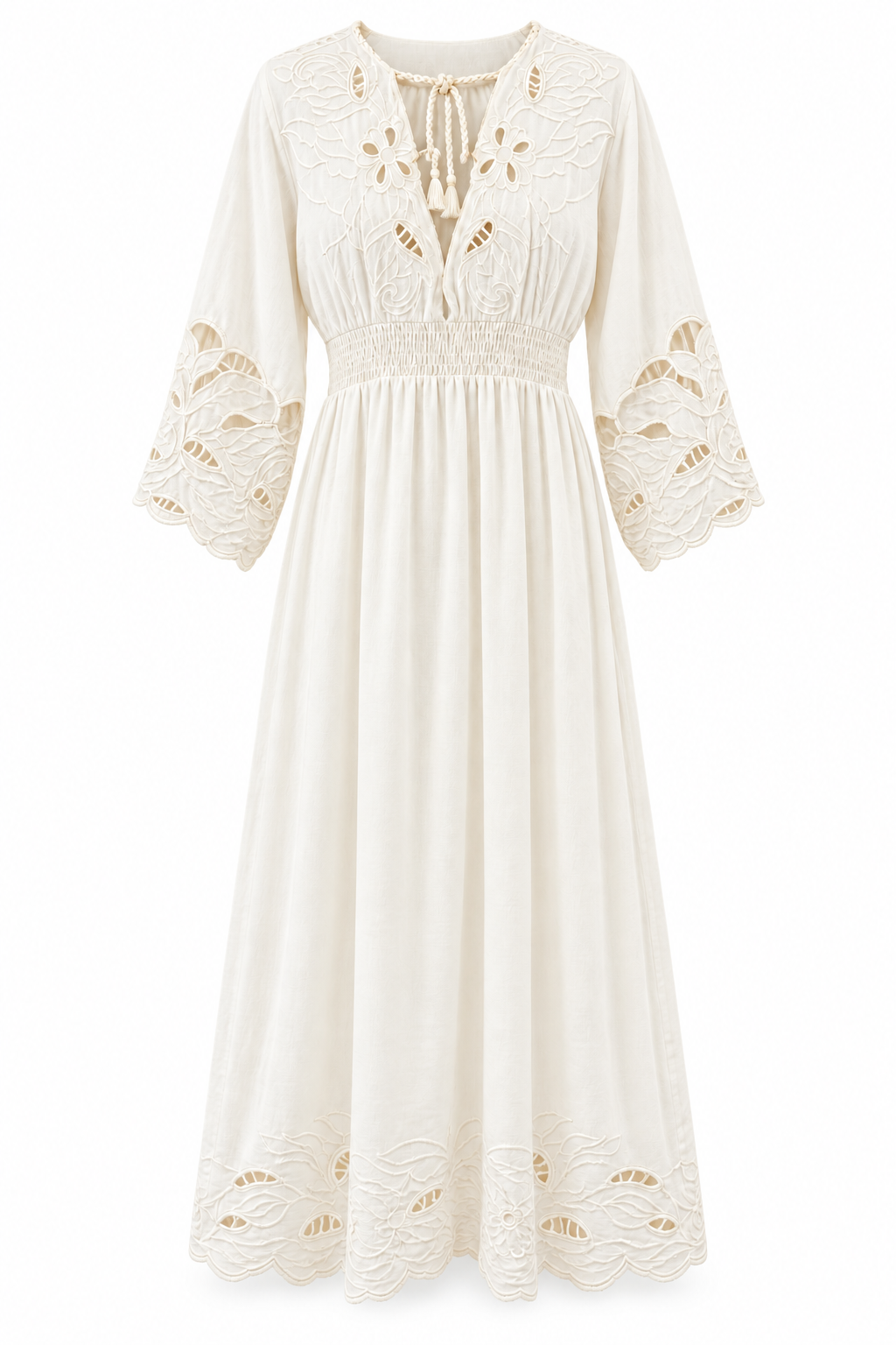 Piti Cuiti cutwork maxi dress in ecru cotton, shown flat with embroidered yoke, cuffs and scalloped hem