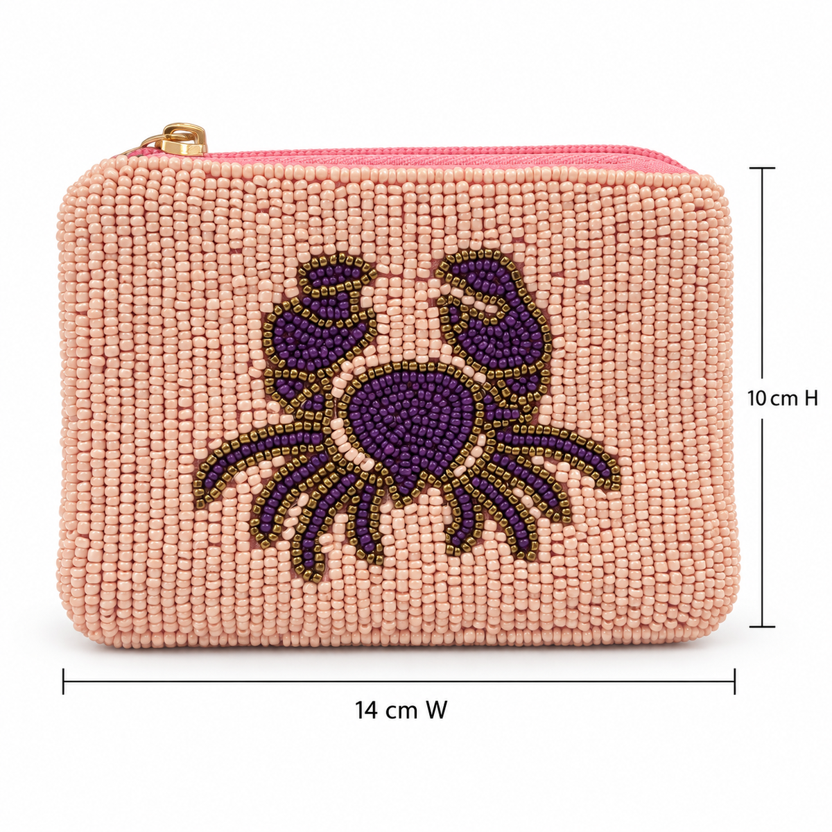 Piti Cuiti mini pouch, purple beaded crab outlined in bronze on blush pink, 14 by 10 cm