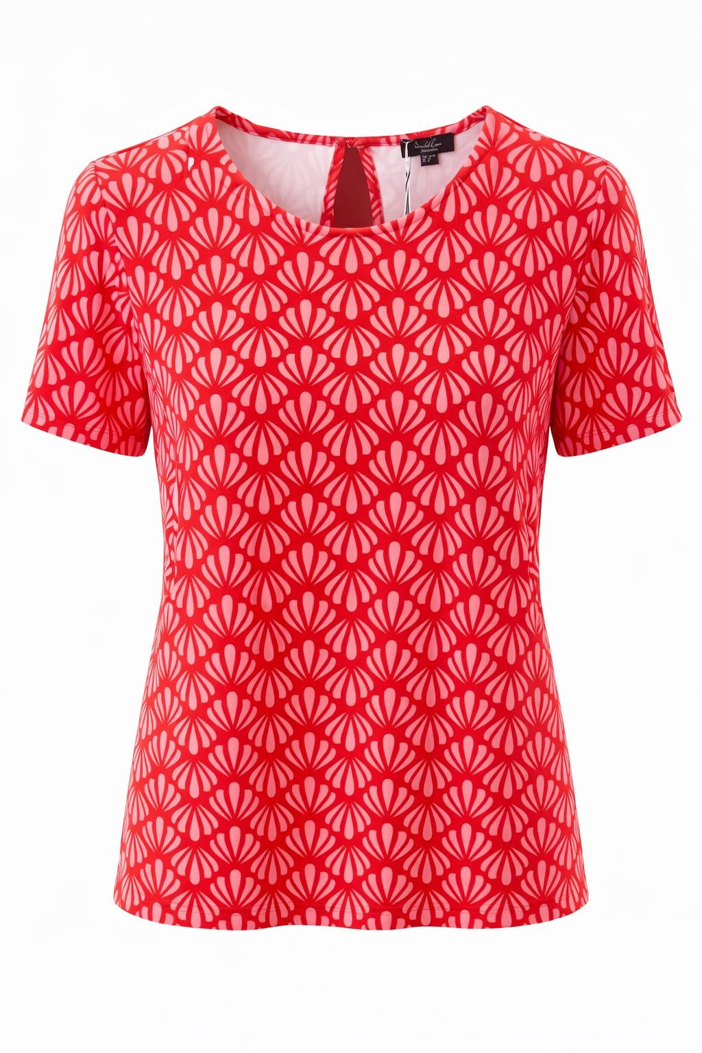 SL red and pink geometric printed short sleeve top with round neckline front
