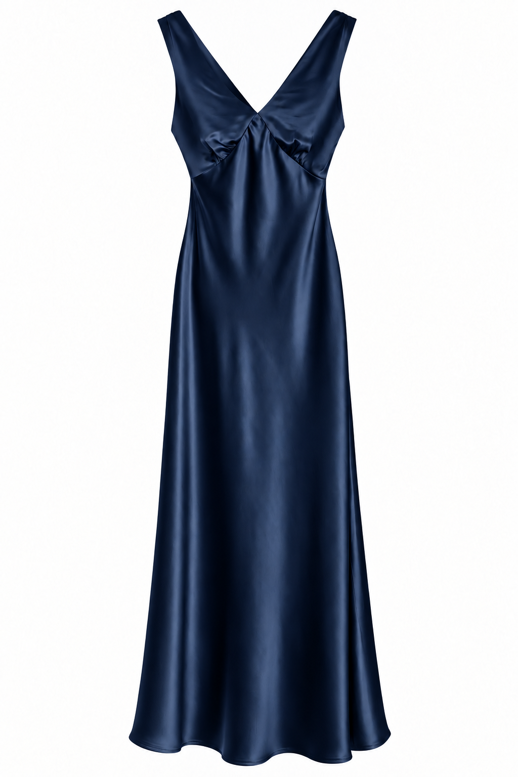 Rosily marine satin midi dress flat front view with wide straps and V neckline