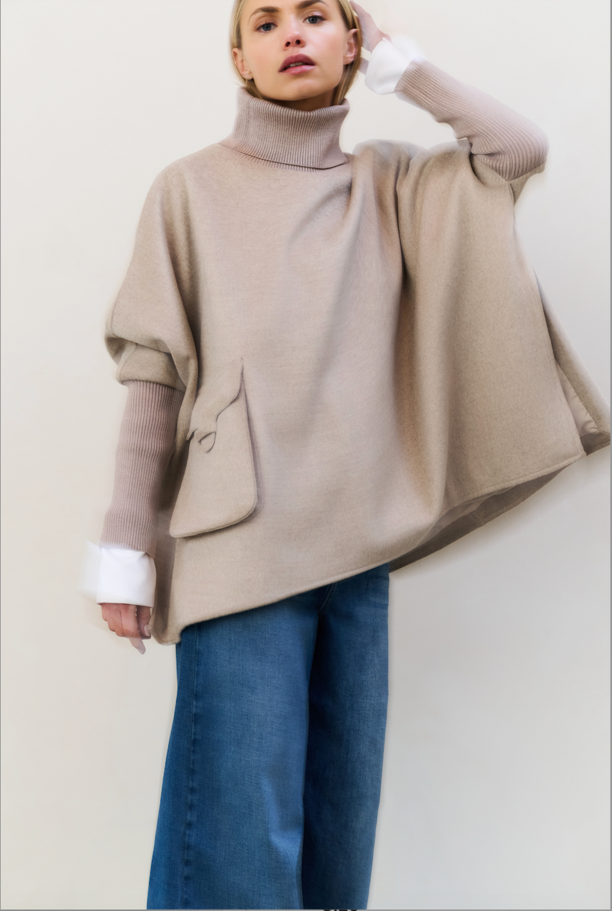YAYA | Poncho with Ribbed Sleeve | Sand Melange