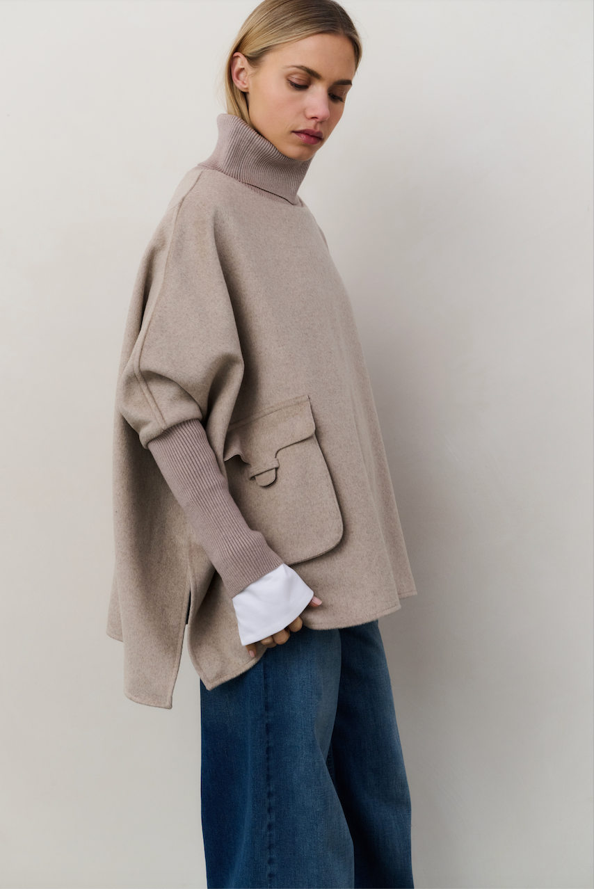 YAYA | Poncho with Ribbed Sleeve | Sand Melange