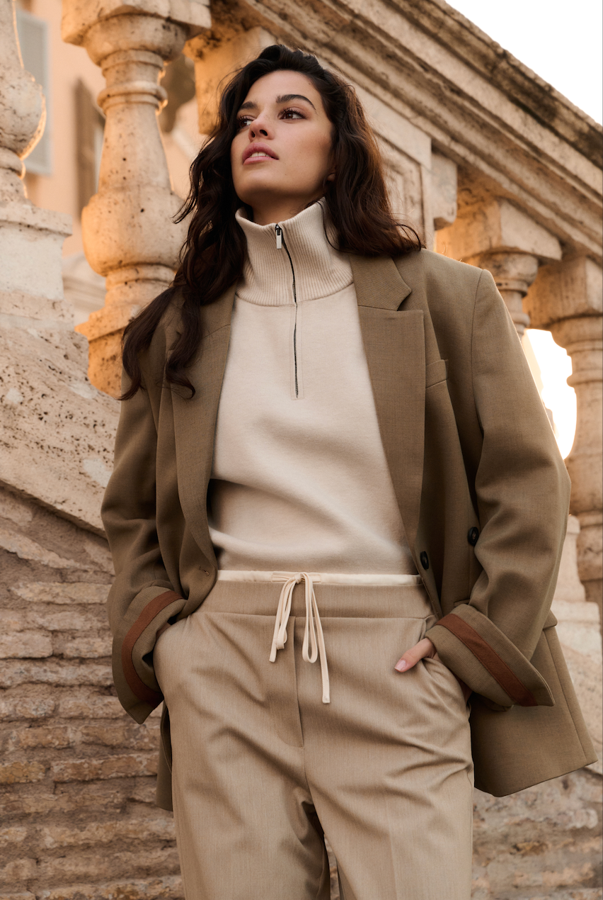 YAYA | Zip Cardigan with Wide Collar in Sand Beige Melange