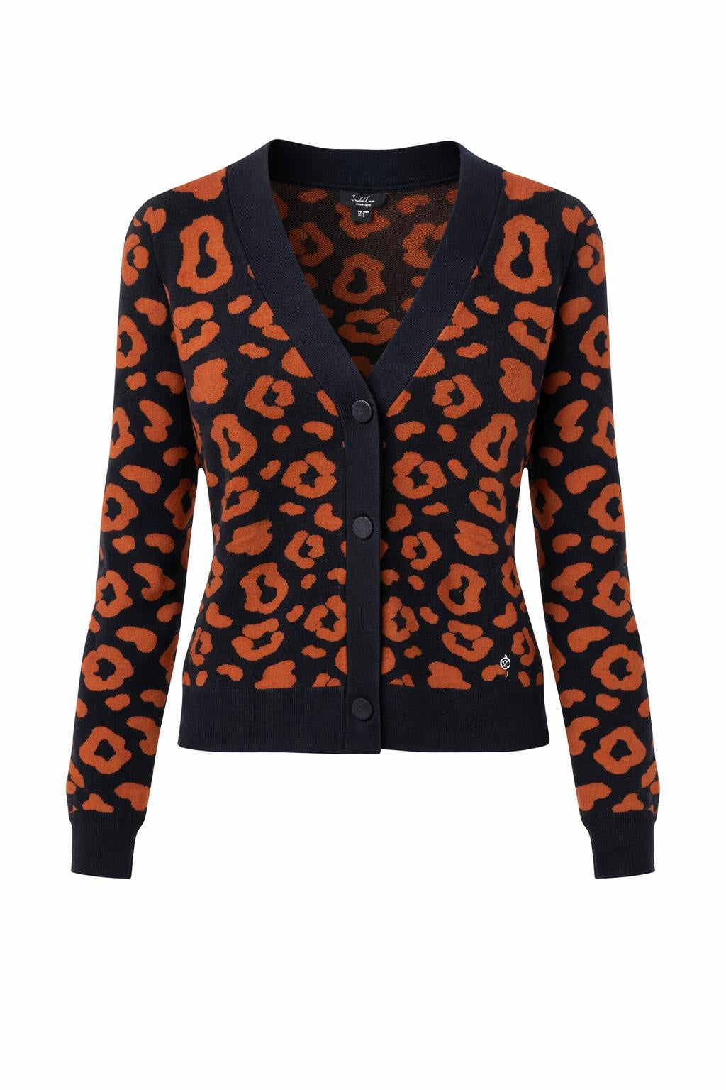 Smashed Lemon | Button-Up Knit Cardigan in Black & Cognac Leopard