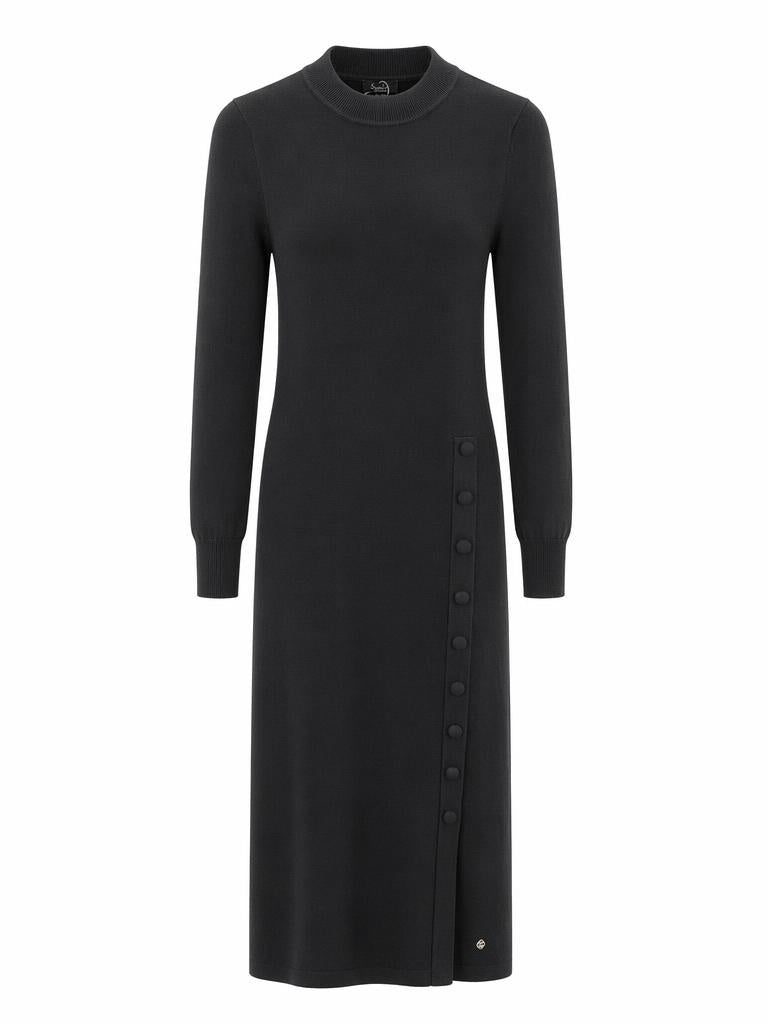 A Smashed Lemon black knit midi dress featuring a sleek silhouette, long sleeves, and subtle side button detailing for a modern, minimalist look.