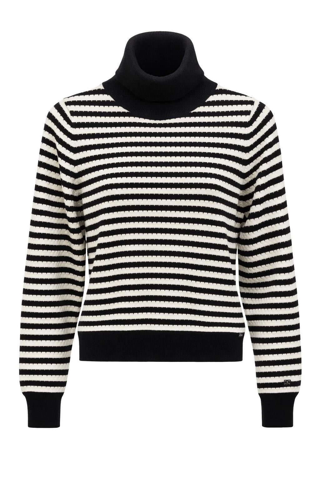 Smashed Lemon turtleneck knit top in black and off-white stripe, cropped fitted silhouette with long sleeves, front view