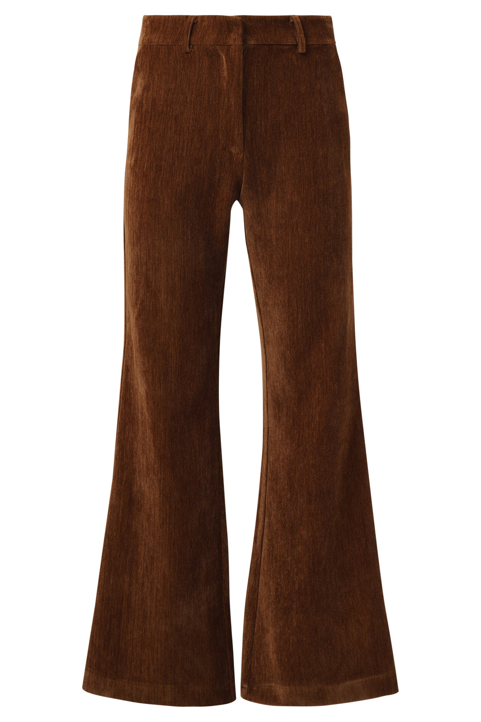 Smashed Lemon flared velvet pants in rich brown, high-waisted with wide flared leg, front view