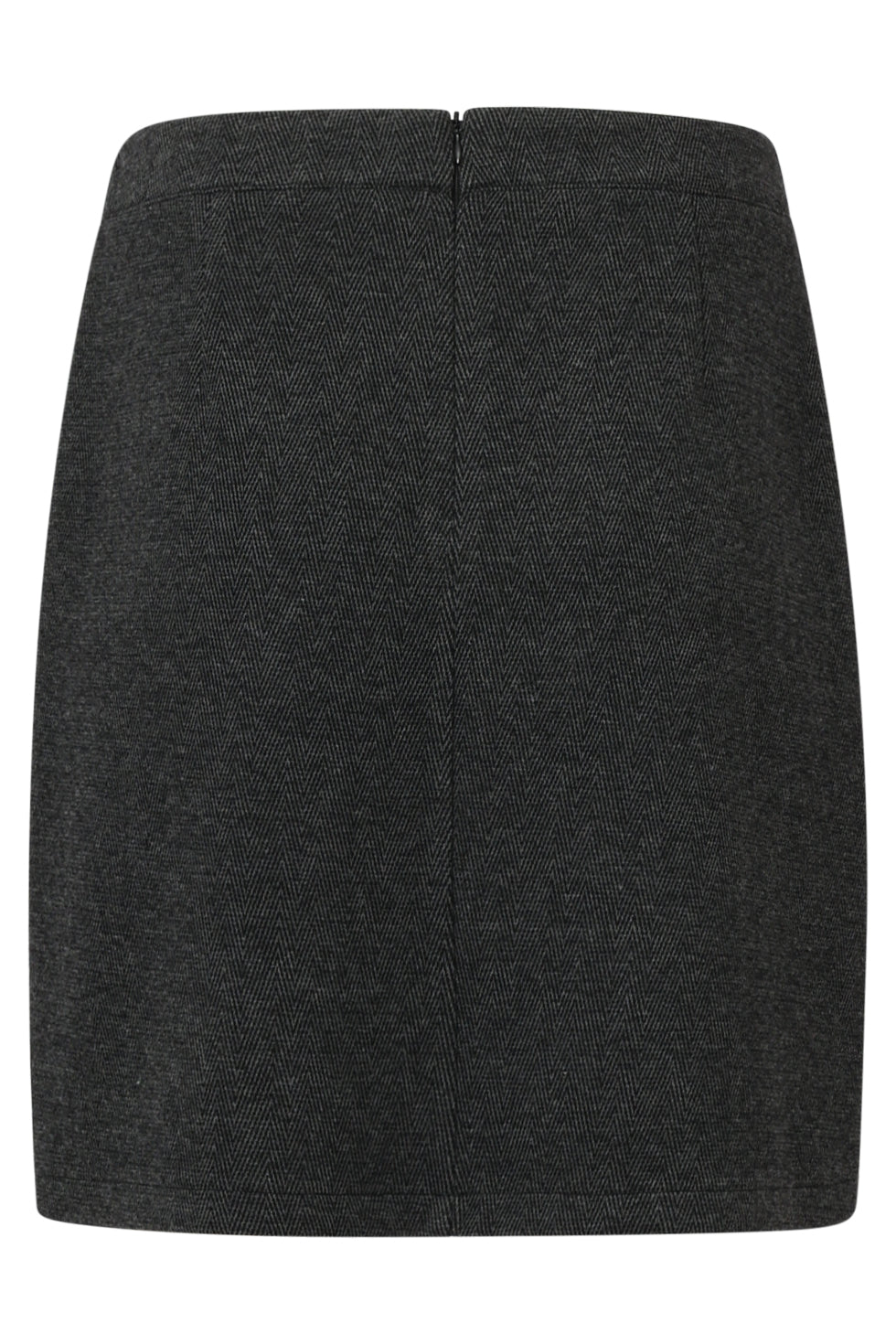 A Smashed Lemon mini skirt in a charcoal herringbone fabric, featuring a structured A-line silhouette and front flap pockets for a modern, tailored look.