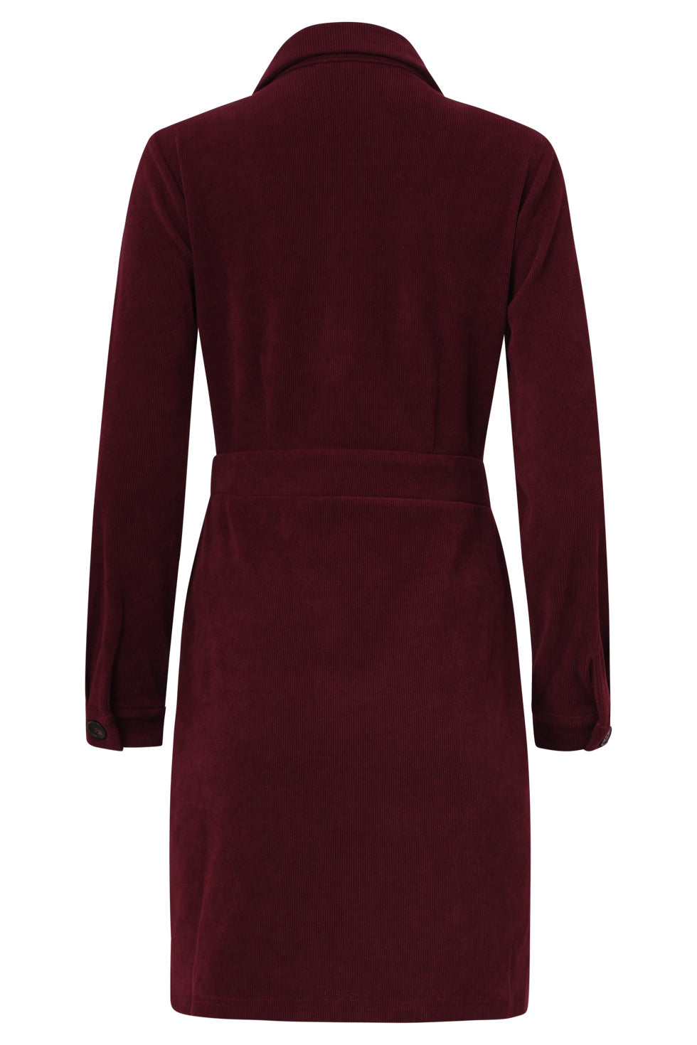 A Smashed Lemon corduroy shirt dress in rich bordeaux featuring a button-through front, classic collar, long sleeves, and front patch pockets for a structured, stylish look.