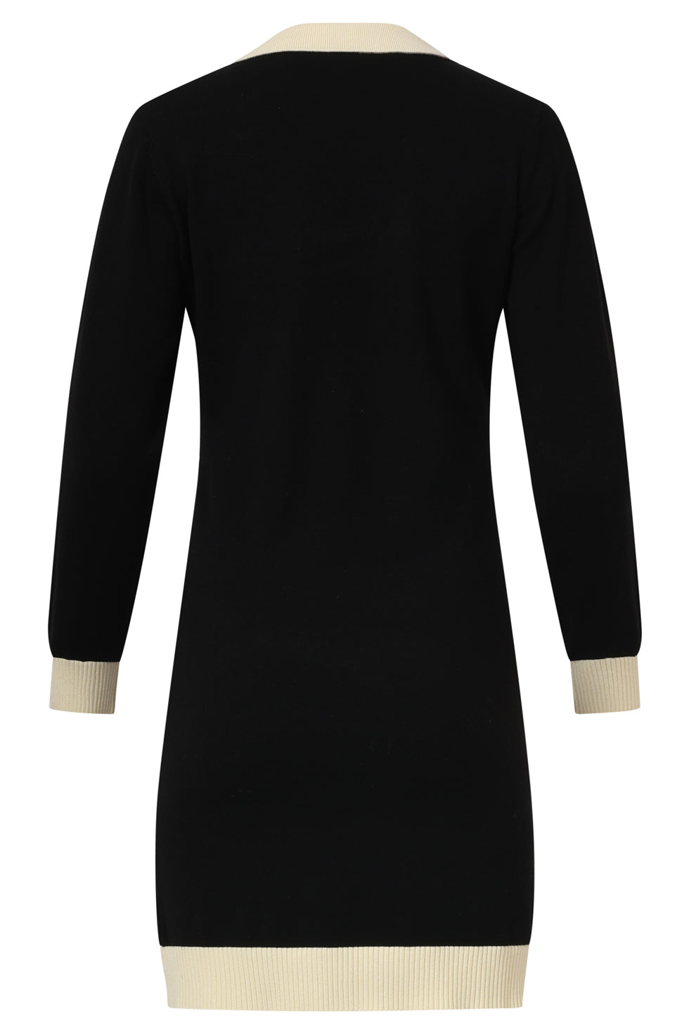 Smashed Lemon knit dress in black with off-white collar and contrast trim at cuffs and hem, back view