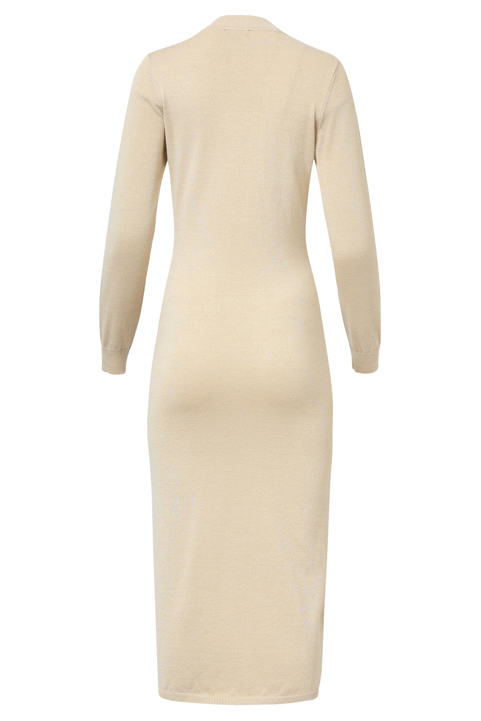 A Smashed Lemon fitted knit midi dress in sand featuring subtle gold lurex shimmer, long sleeves, a high neckline, and decorative side buttons for a refined, elegant look.