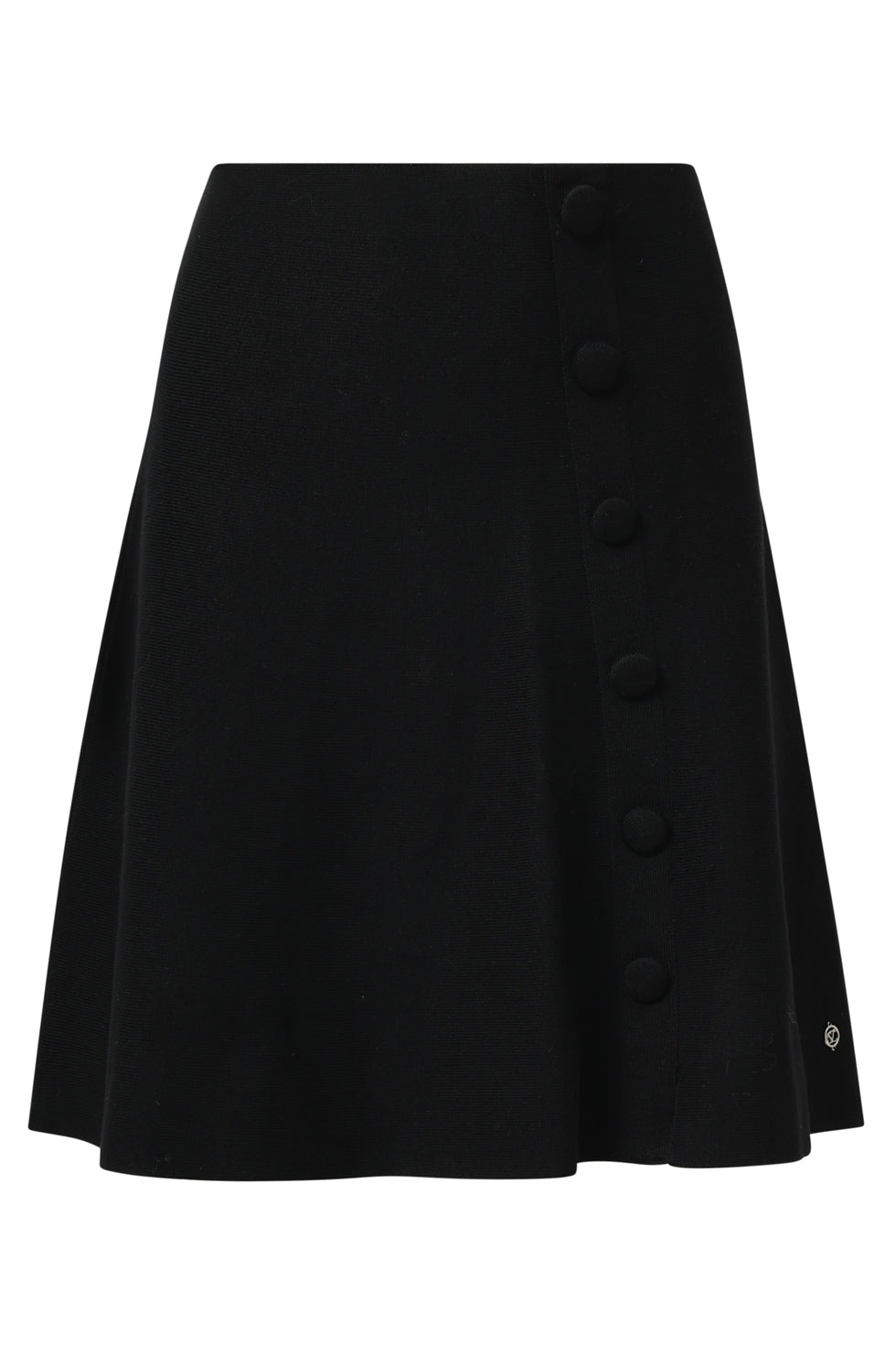 Smashed Lemon knit skirt in black, A-line silhouette with decorative side button trim, knee-length, front view